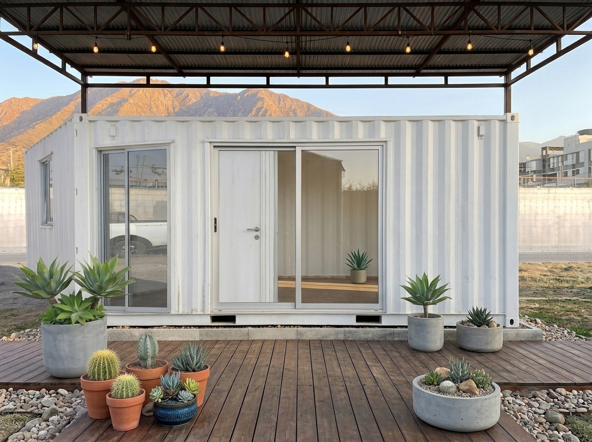 Tiny house container modelo Paredones, fachada con deck y ventanal corredero