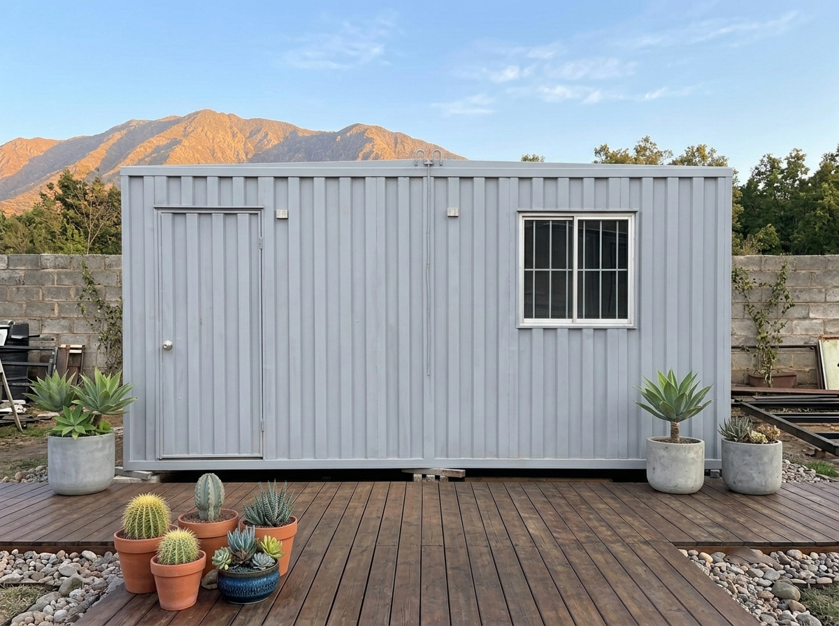 Tiny house modular línea económica, acceso con deck de madera